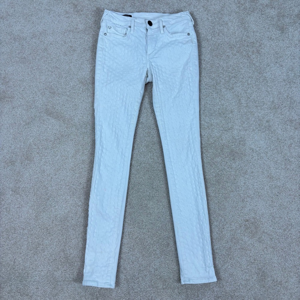 True Religion Halle Mid Rise Super Skinny Jeans White Textured Distressed Sz 26